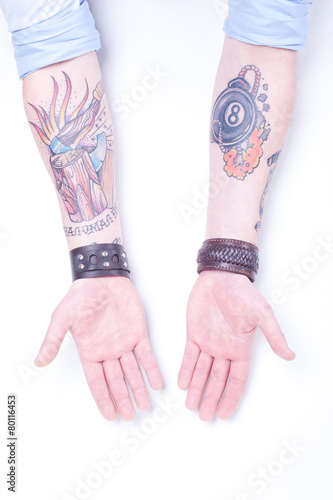 Tattooed Arms/tattooed arms with leather handcuffs on wrists