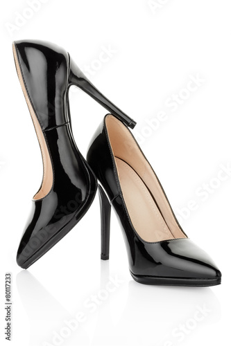 Black high heel shoes for woman on white, clipping path