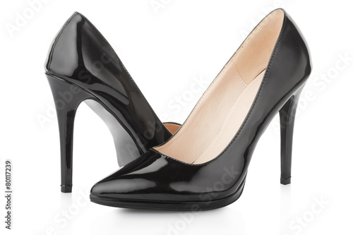 Black shoes for woman on white, clipping path