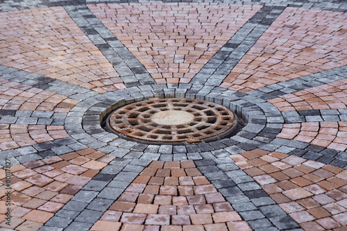Manhole on paving tiles