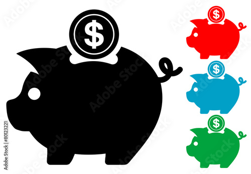 Pictograma hucha con moneda dolar en varios colores