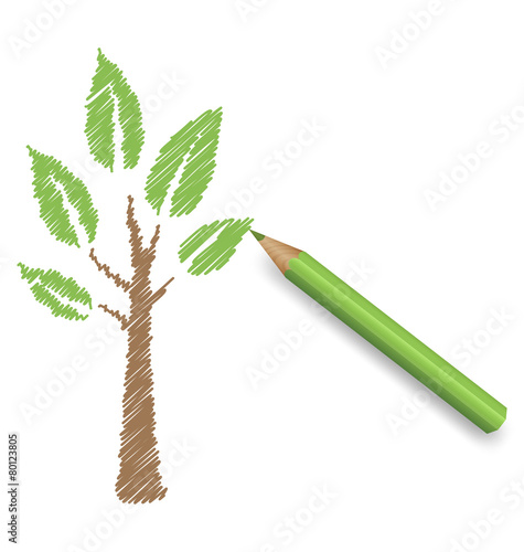 Pencil draws green tree. Eco spring floral background