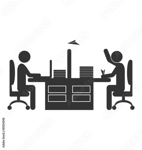 Flat office icon worker with paper plane isolated on white backg