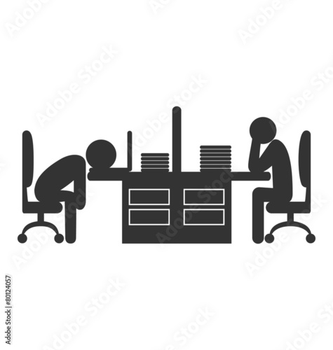 Flat office icon with fizzle out workers isolated on white backg