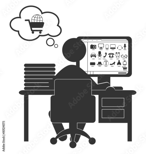 Flat computer icon with shopping site isolated on white backgrou