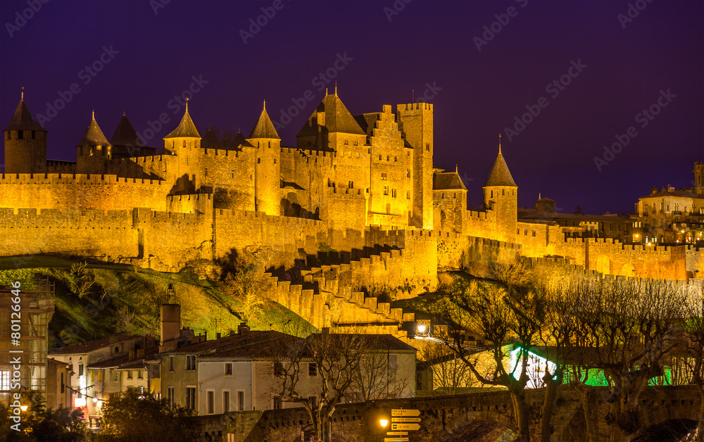 Night view of Carcassonne fortress - France, Languedoc-Roussillo
