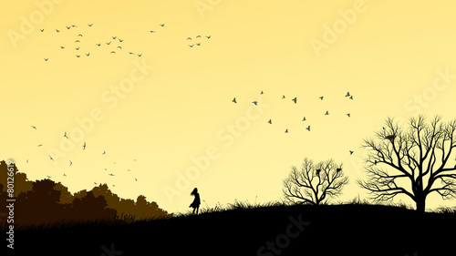 Horizontal illustration of girl in field windswept