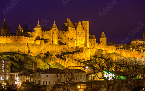 Night view of Carcassonne fortress - France, Languedoc-Roussillo