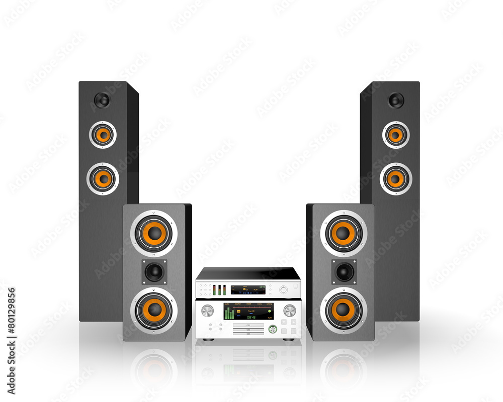 Fototapeta premium Home cinema speaker system. Loudspeakers, player and receiver