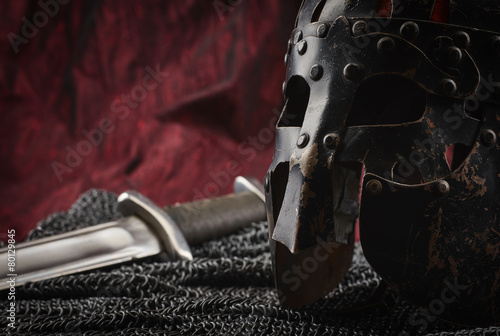 Medieval armour, helmet and sword