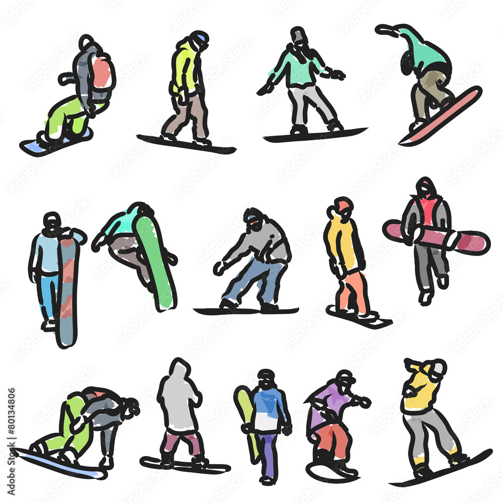 colored silhouettes snowboarders