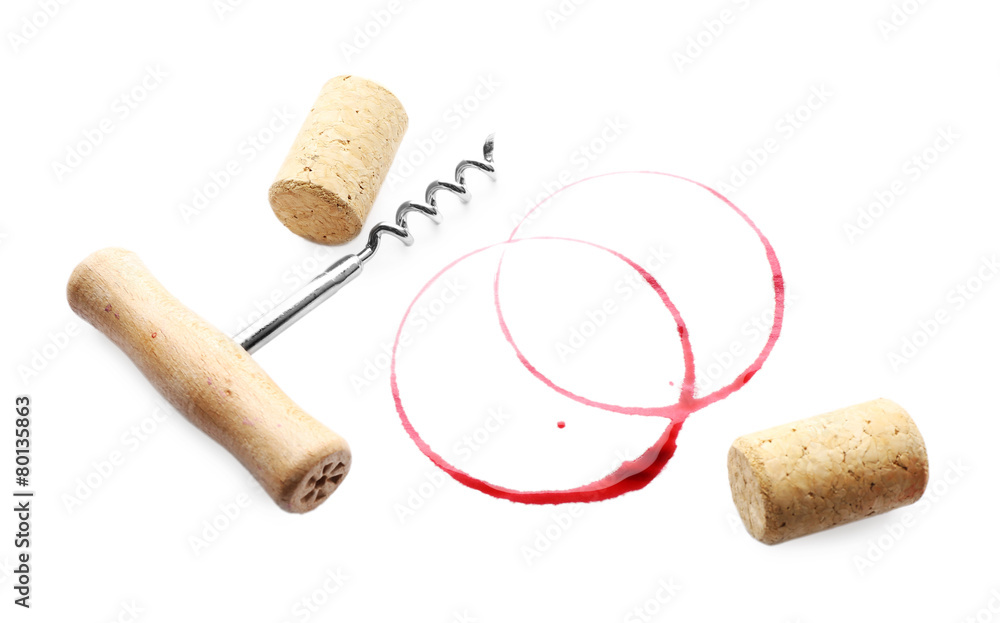 Wine stains corks and corkscrew isolated on white