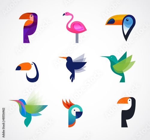 Tropical birds - set of vector icons
