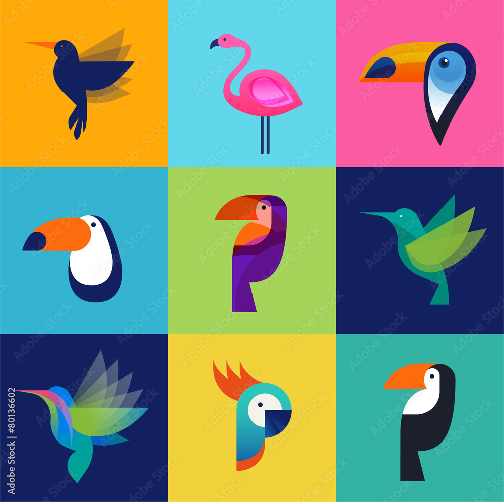Tropical birds - set of vector icons