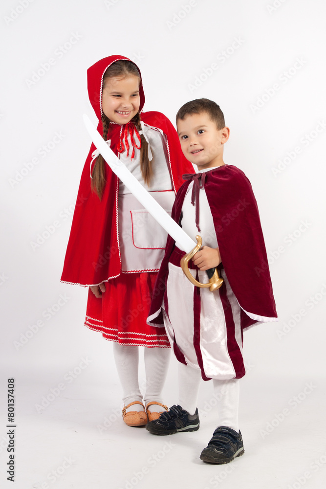 Two children in costumes, Prince, Little Red Riding Hood Two children in costumes, Prince, Little Red Riding Hood