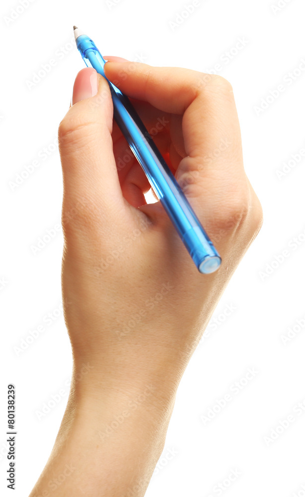 Female hand with pen isolated on white Female hand with pen isolated on white