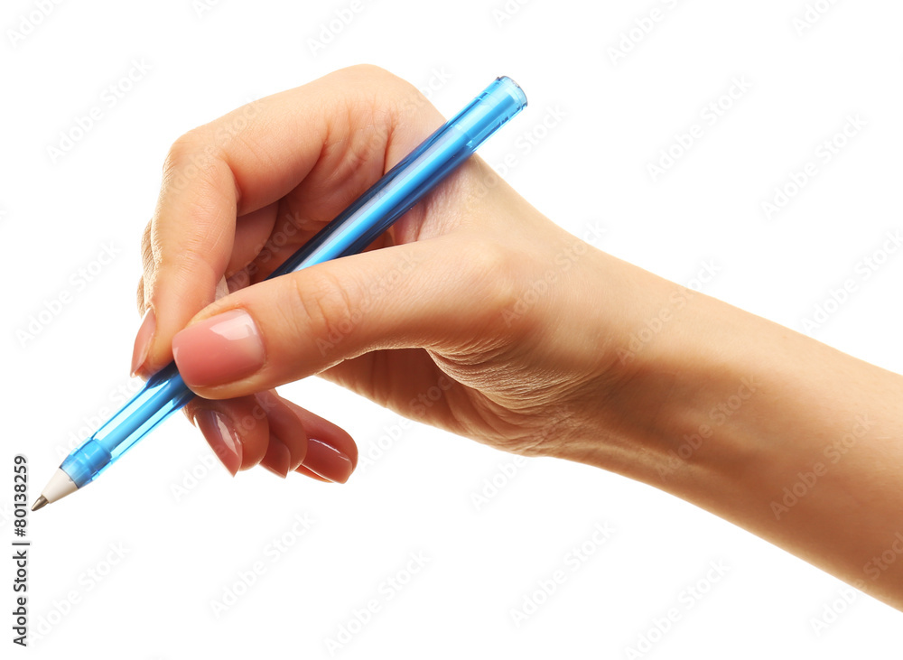 Female hand with pen isolated on white Female hand with pen isolated on white