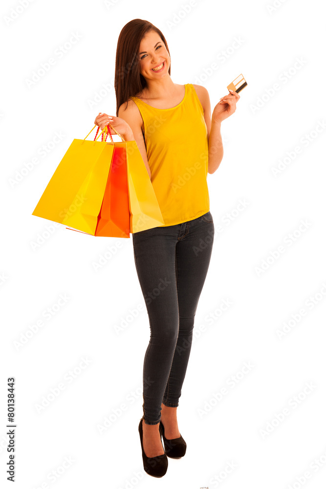 Portrait of young happy smiling woman with shopping bags, isolat Portrait of young happy smiling woman with shopping bags, isolat