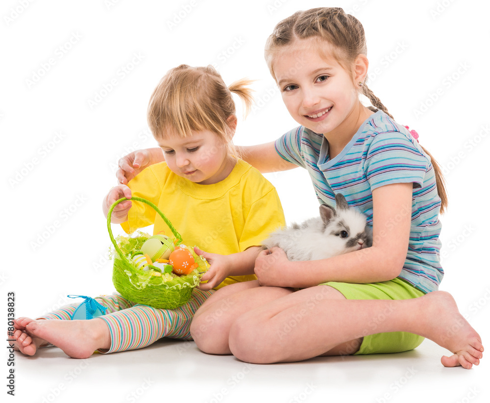 happy little sisters with her rabbit happy little sisters with her rabbit