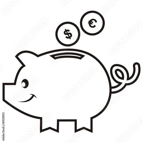 moneybox, pig, white and black vector icon