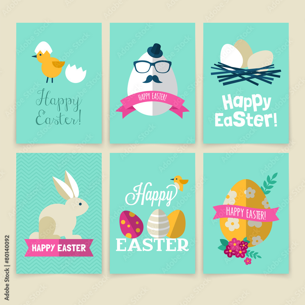Happy Easter greeting card set with modern flat icons