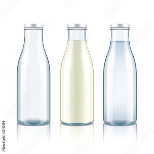 Glass bottle with milk, water and empty