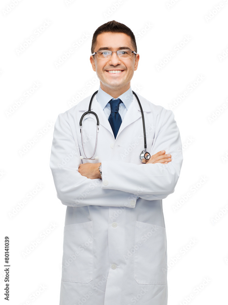 smiling male doctor in white coat smiling male doctor in white coat