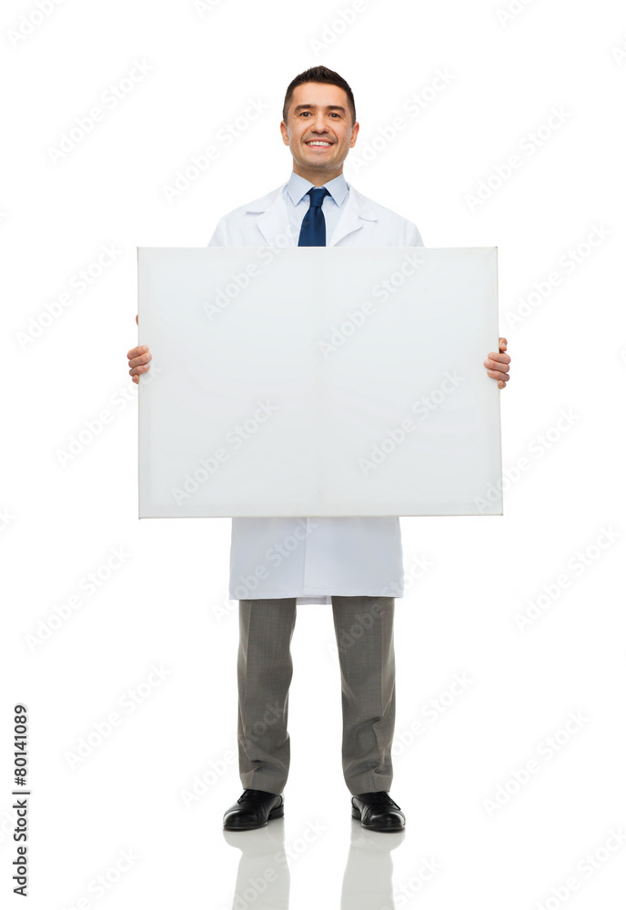 smiling male doctor holding white blank board smiling male doctor holding white blank board