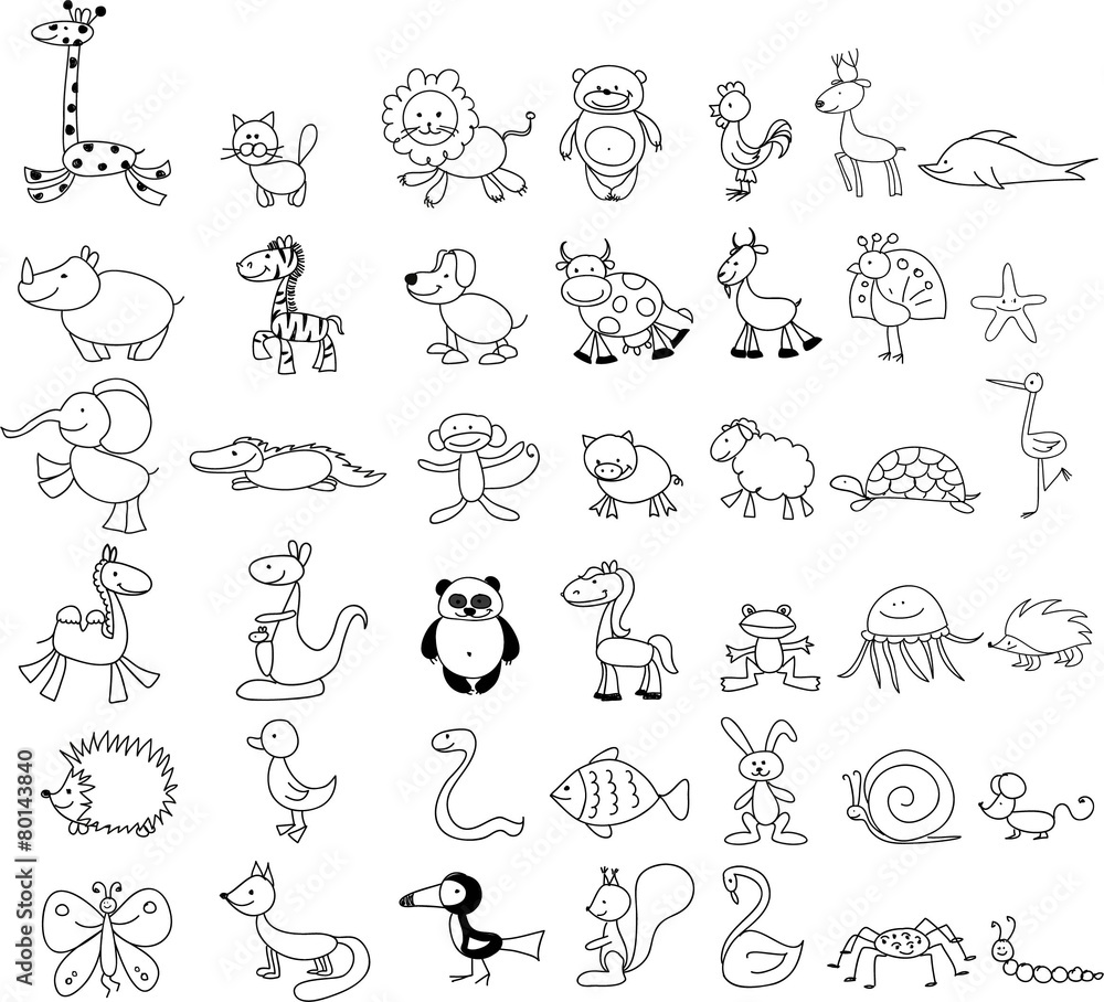 Вектор каракули детские рисунки милых животных