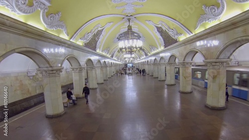 Train arrives to metro station Komsomolskaya with people