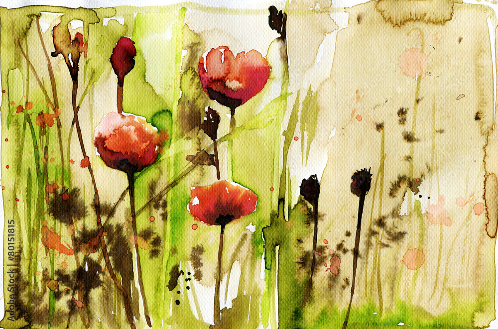 Obraz akwarela ilustracja przedstawiająca wiosenne kwiaty na łące