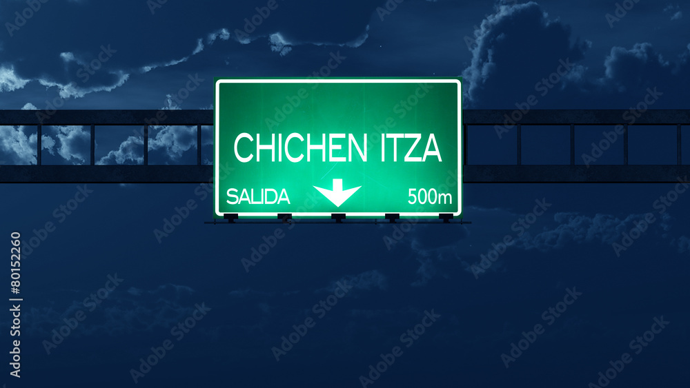 Chichen Itza Mexico Highway Road Sign at Night