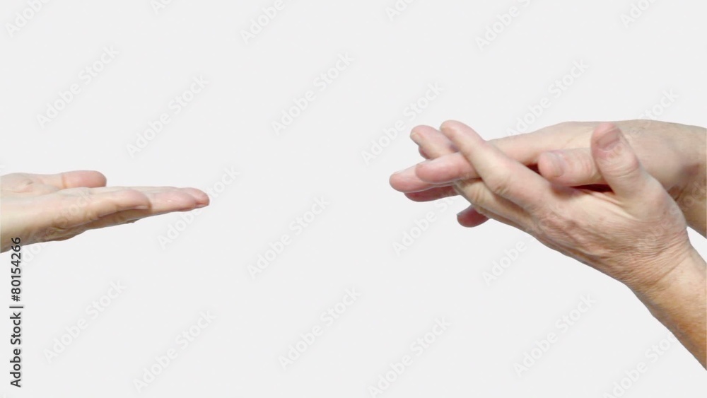 Woman seniors palm and mans hands in gesture, isolated on white Woman seniors palm and mans hands in gesture, isolated on white