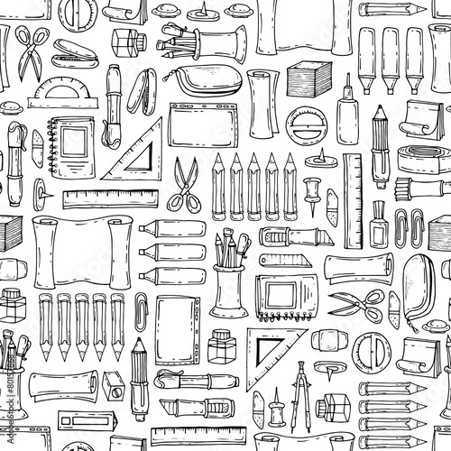 Vector pattern with hand drawn stationery on white color