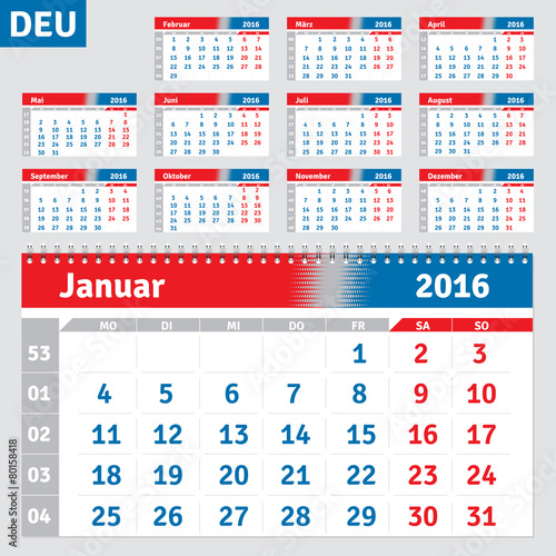 German calendar 2016, horizontal calendar grid, vector