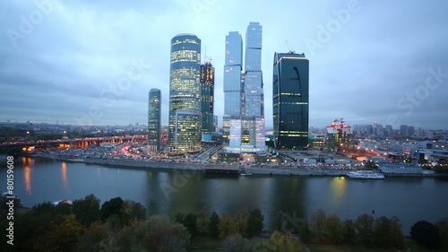 Evening cityscape with skyscrapers of Moscow City and river. photo