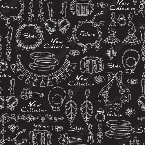 Vector pattern with hand drawn and fashionable jewelry on black