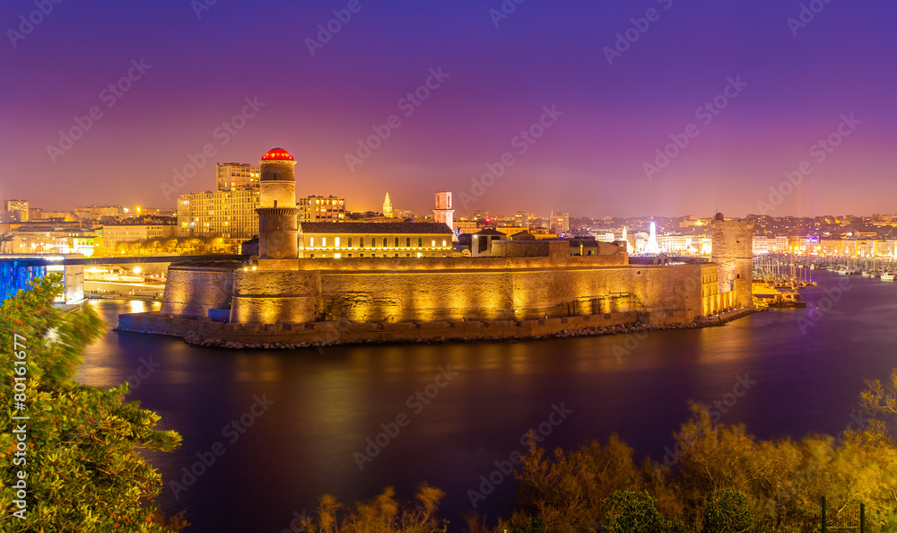 Night view of Fort Saint-Jean in Marseille, France