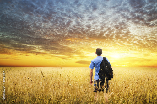 Man in yellow wheat meadow.