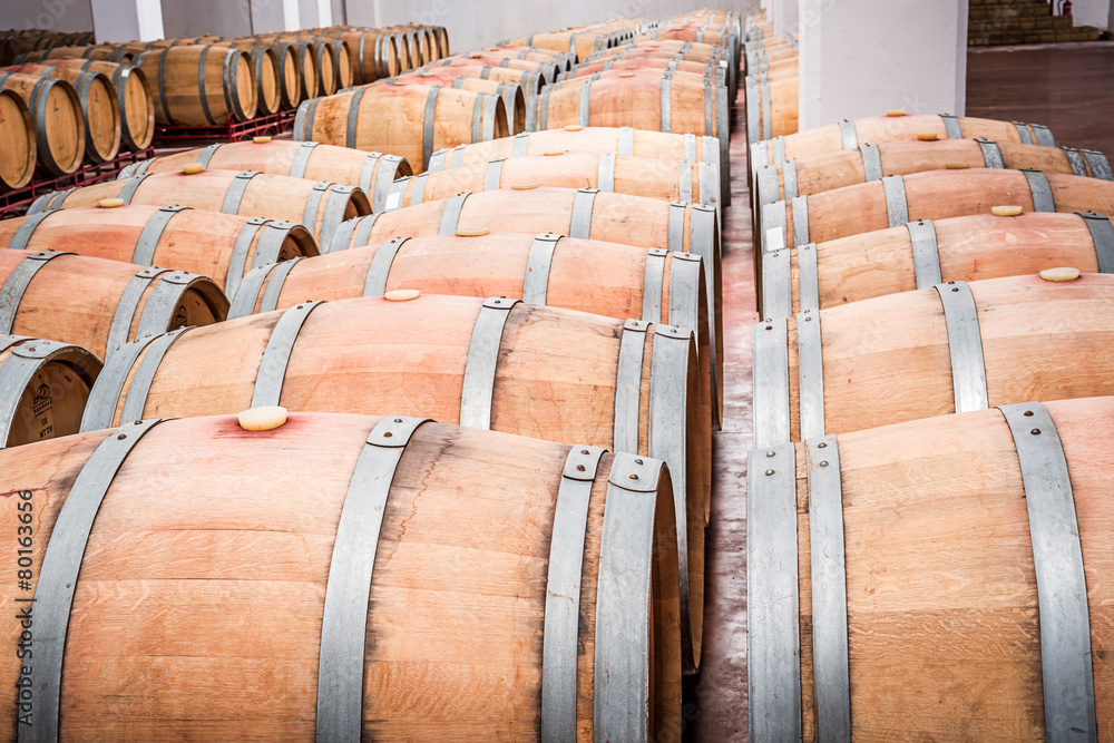 American oak barrels with red wine. Traditional wine cellar American oak barrels with red wine. Traditional wine cellar