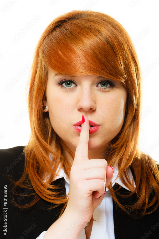 Girl with finger on lips hush hand gesture Girl with finger on lips hush hand gesture