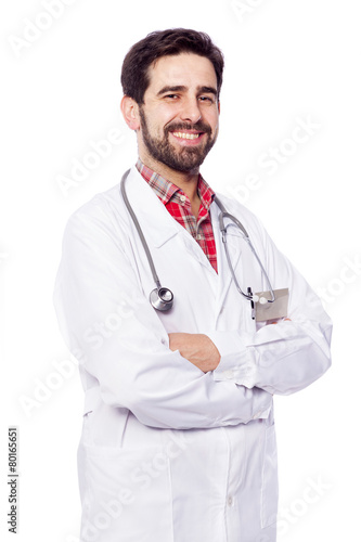 Portrait of a happy smiling medical doctor on white background © cristovao31