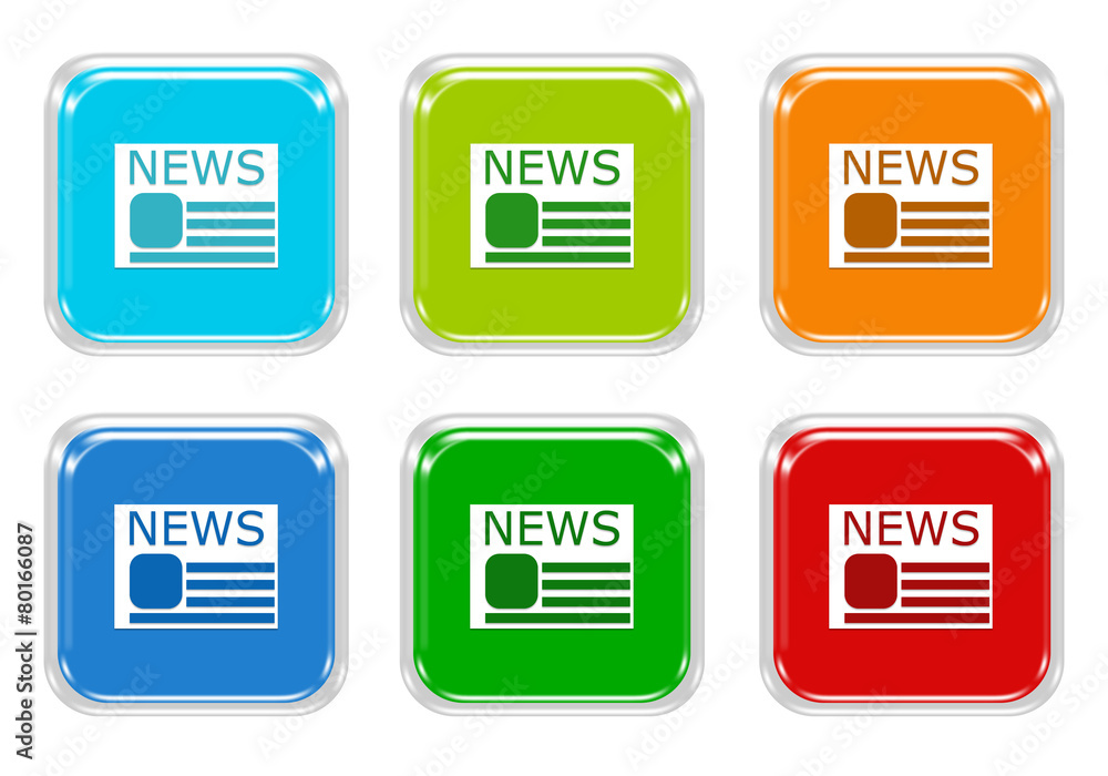 Set of squared colorful buttons with news symbol