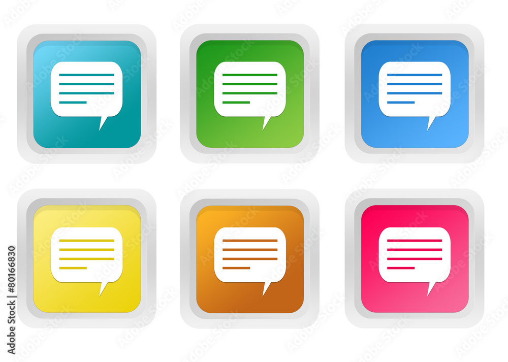 Set of squared colorful buttons with conversation symbol Set of squared colorful buttons with conversation symbol