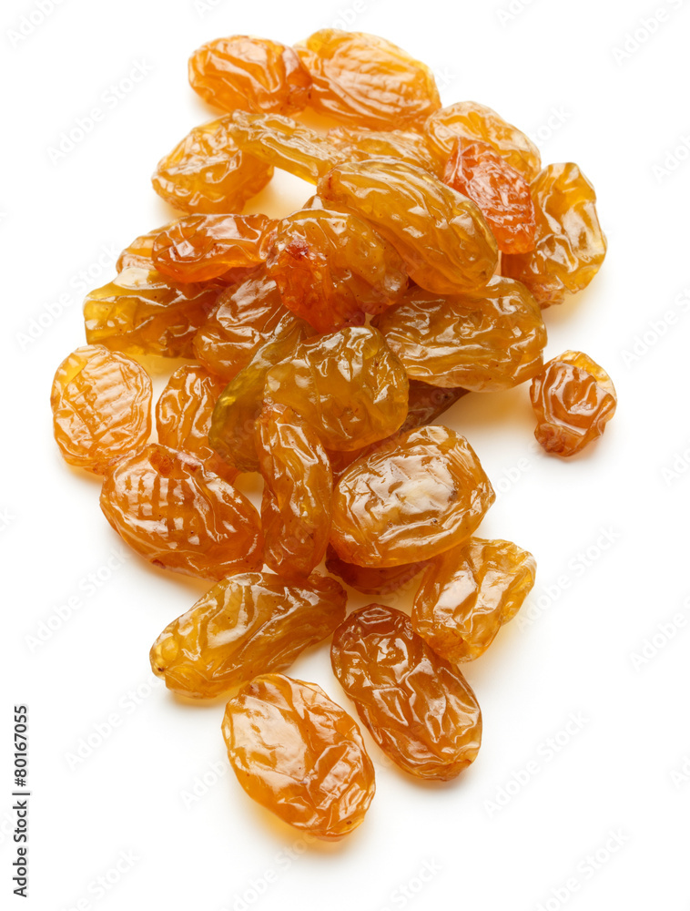 Yellow sultanas raisins isolated on white background cutout Yellow sultanas raisins isolated on white background cutout
