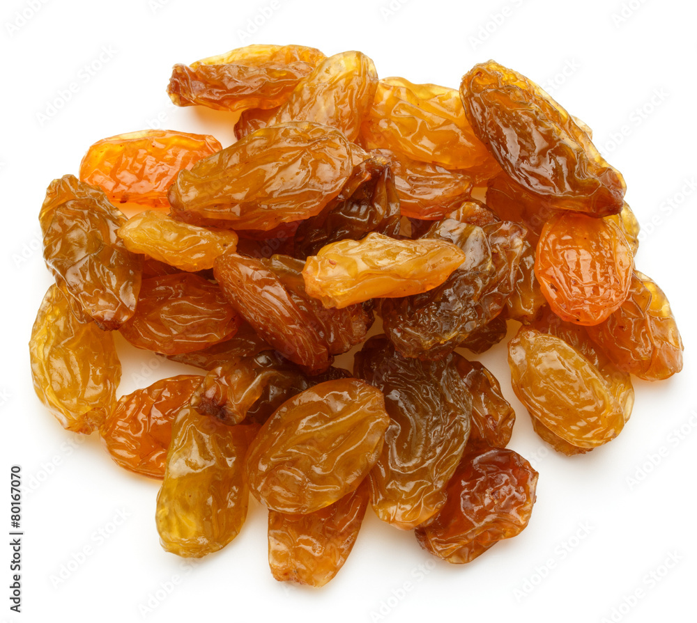 Yellow sultanas raisins isolated on white background cutout Yellow sultanas raisins isolated on white background cutout