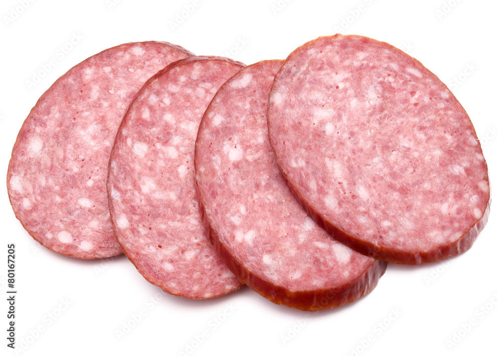 Smoked sausage salami slices isolated on white background cutout