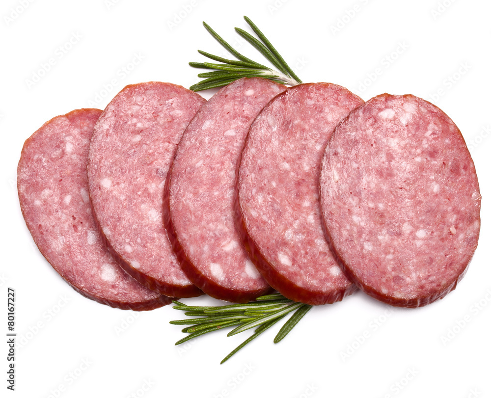 Smoked sausage salami slices isolated on white background cutout Smoked sausage salami slices isolated on white background cutout