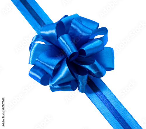 Festive blue gift ribbon and bow isolated on white background cu