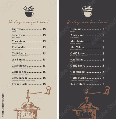 set of prices for coffee cups with a pattern and grinder